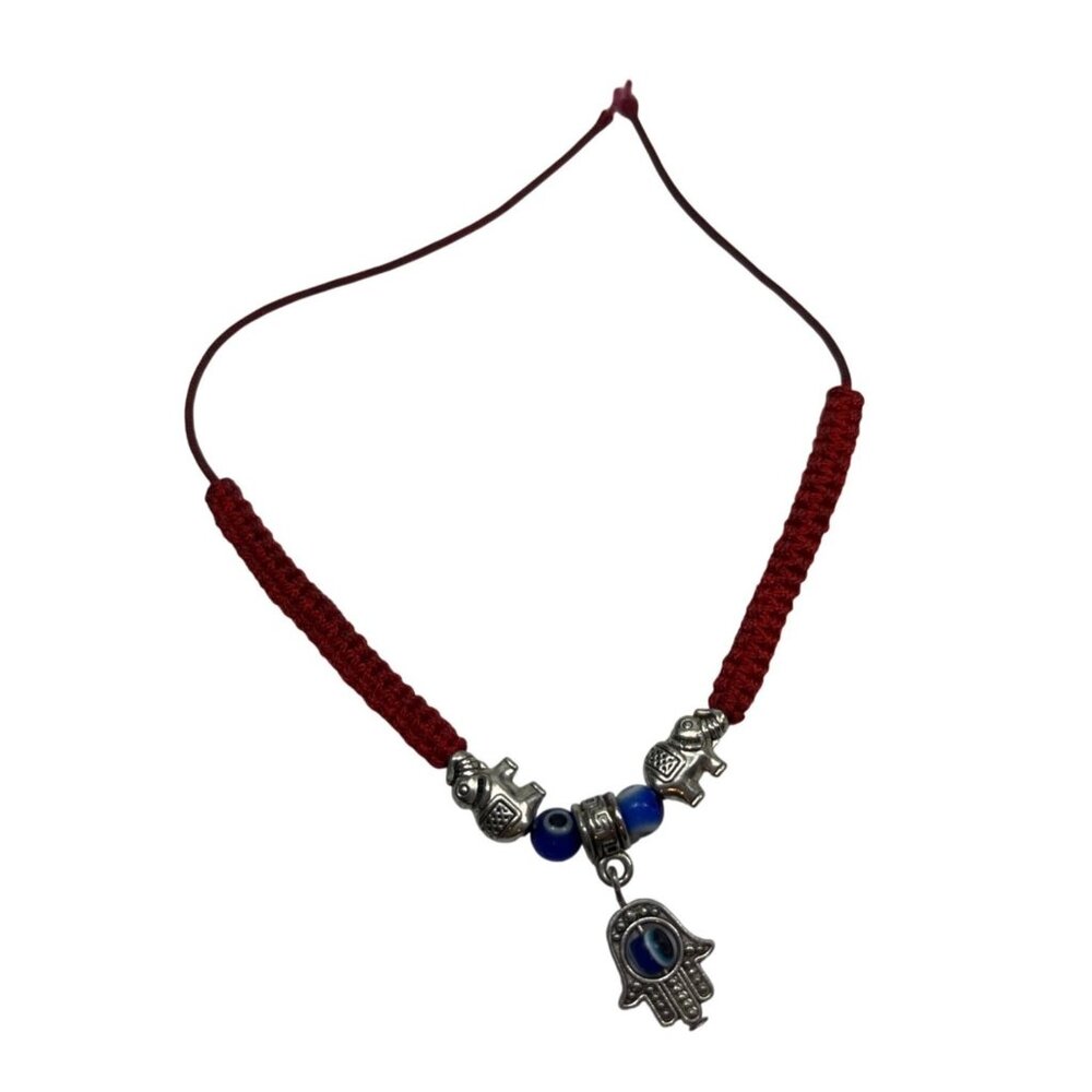 Red Braided Bracelet W/ Silver Elephant & Hamsa Charm Blue Beads Adjustable A393